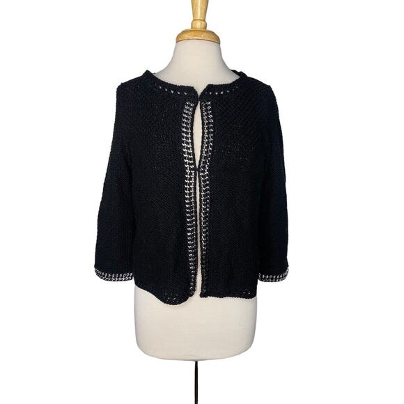 CHICOS Black Knit Silver Chain Detail Zebra Stripe Mesh Cardigan Medium (1) - Picture 1 of 11